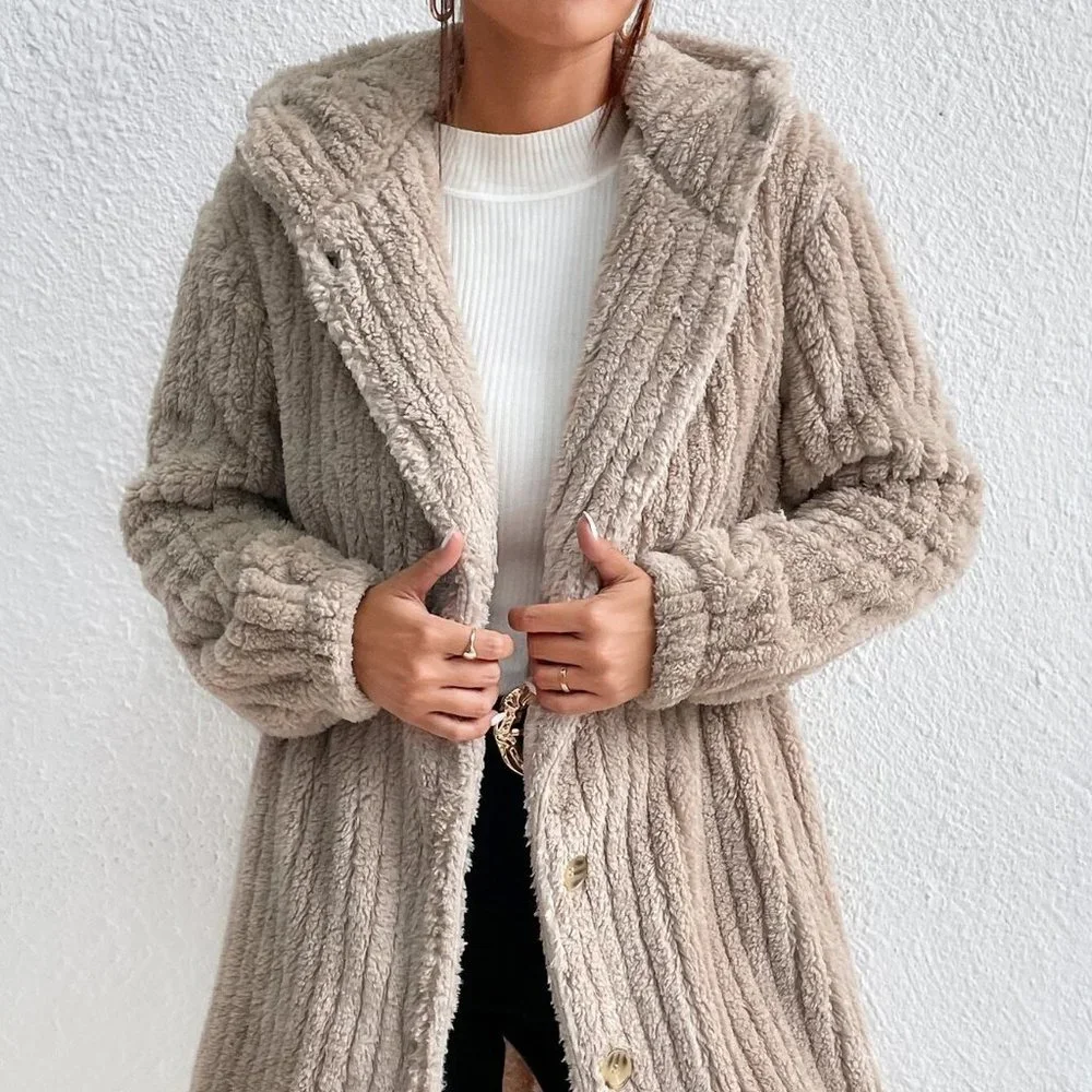 Khaki Casual Womens Button Front Hooded Teddy Coat - Picture 5 of 5